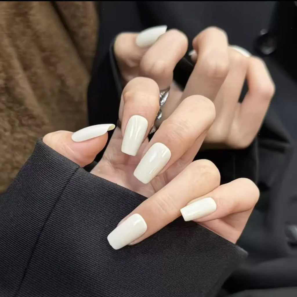 24Pcs White Long Square Fake Nails For Design Shiny Artificial Press On False Nails DIY Full Cover Tips Manicure Tool