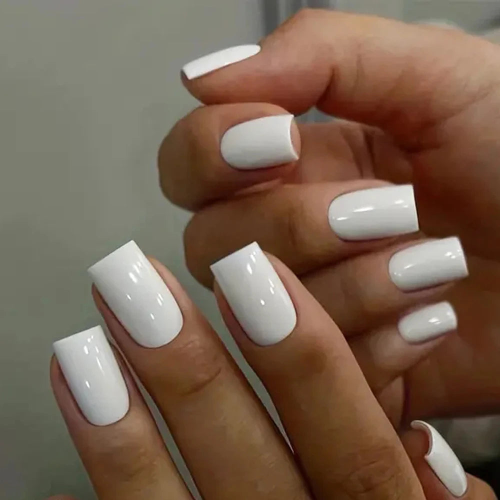 24Pcs White Long Square Fake Nails For Design Shiny Artificial Press On False Nails DIY Full Cover Tips Manicure Tool