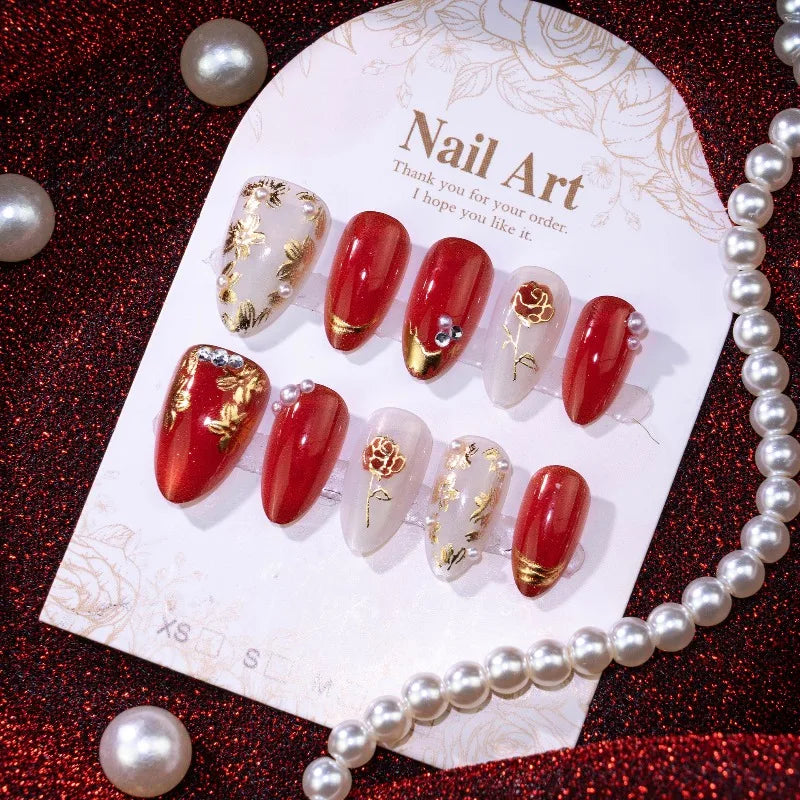 24PCS Golden Roses Almond False Nails with Glue Red Cat Eye Simple French Press on Nails Full Cover Ins Nail Tips Manicure Patch