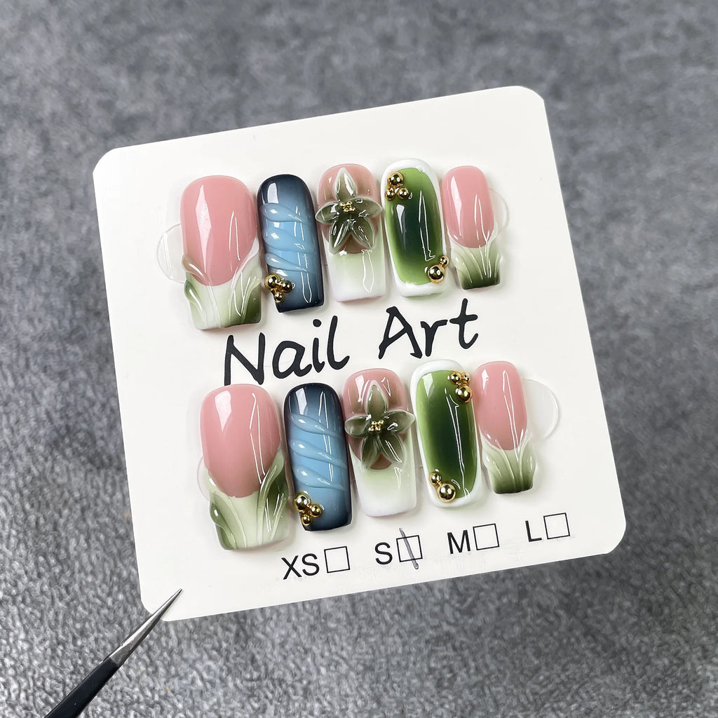 10Pcs 3D Green Flower Handmade Press on Nails French Fake Nails Wearable Stick-on Nails False Nail Uñas Накладные Ногти 네일팁