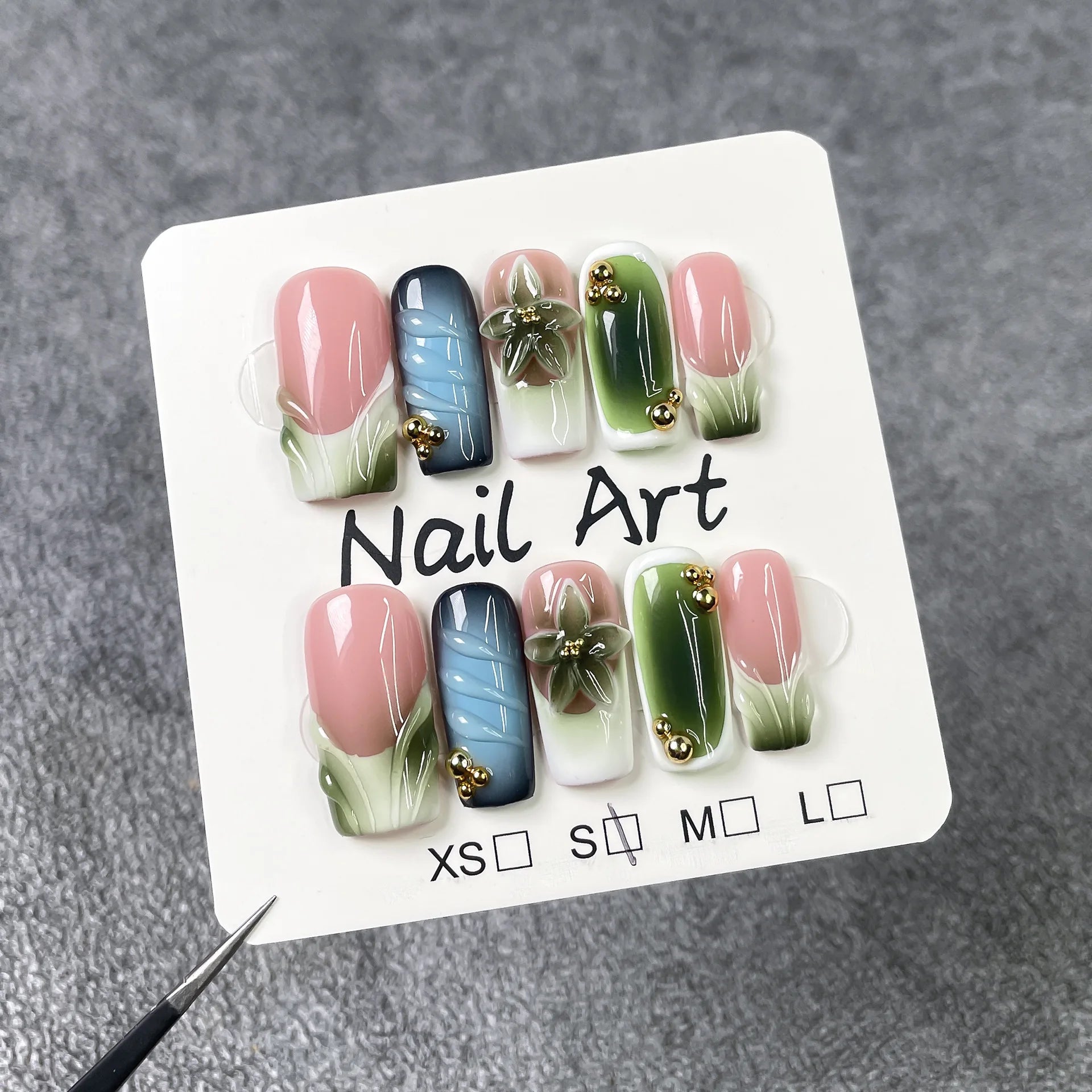 10Pcs 3D Green Flower Handmade Press on Nails French Fake Nails Wearable Stick-on Nails False Nail Uñas Накладные Ногти 네일팁