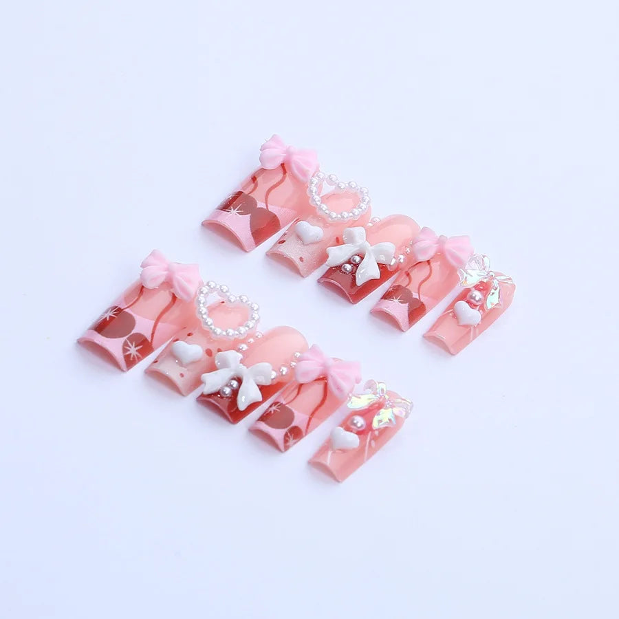 24PCS Pink Heart Press On Nails French Cherry Bow Cute Style false nails Valentines Day sweet Medium Water Pipe square Nail Art