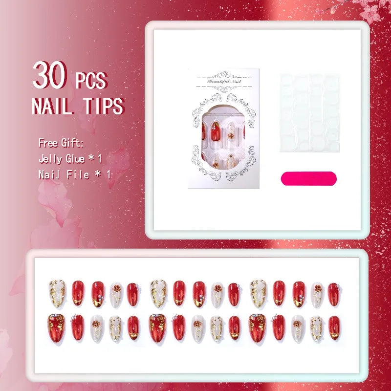24PCS Golden Roses Almond False Nails with Glue Red Cat Eye Simple French Press on Nails Full Cover Ins Nail Tips Manicure Patch