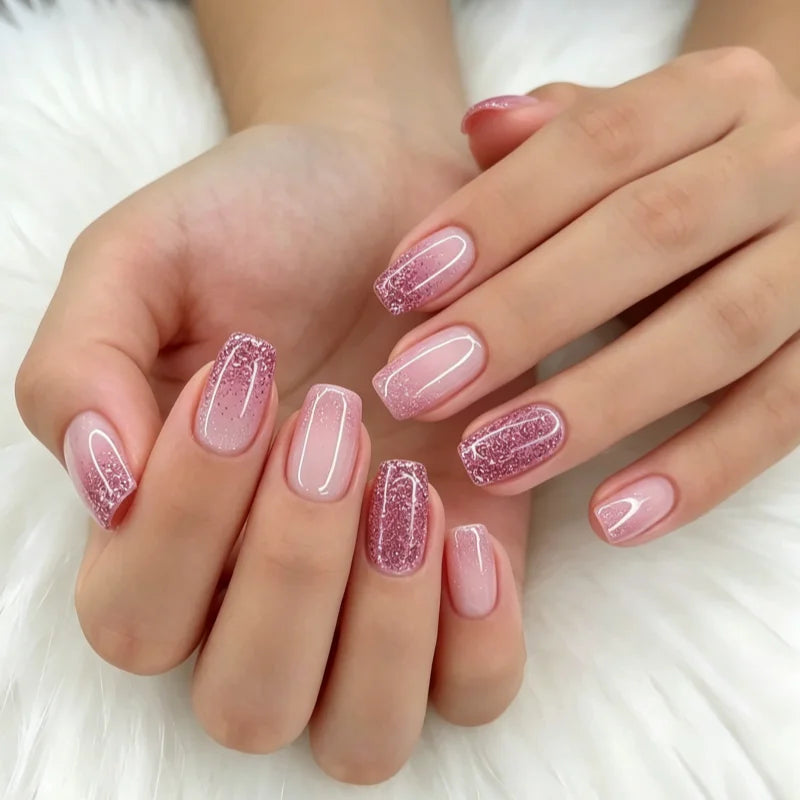 24Pcs Medium Short Square False Nails Glittering Nail Art White Wearable Fake Nail Silver French Full Cover Press on Nail Tips