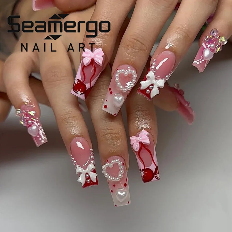 24PCS Pink Heart Press On Nails French Cherry Bow Cute Style false nails Valentines Day sweet Medium Water Pipe square Nail Art